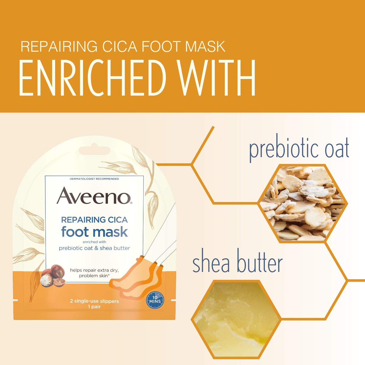 Aveeno Repairing CICA Foot Mask & Hand Mask with Prebiotic Oat and Shea Butter, for Extra Dry Skin, 1 Count Avelisse