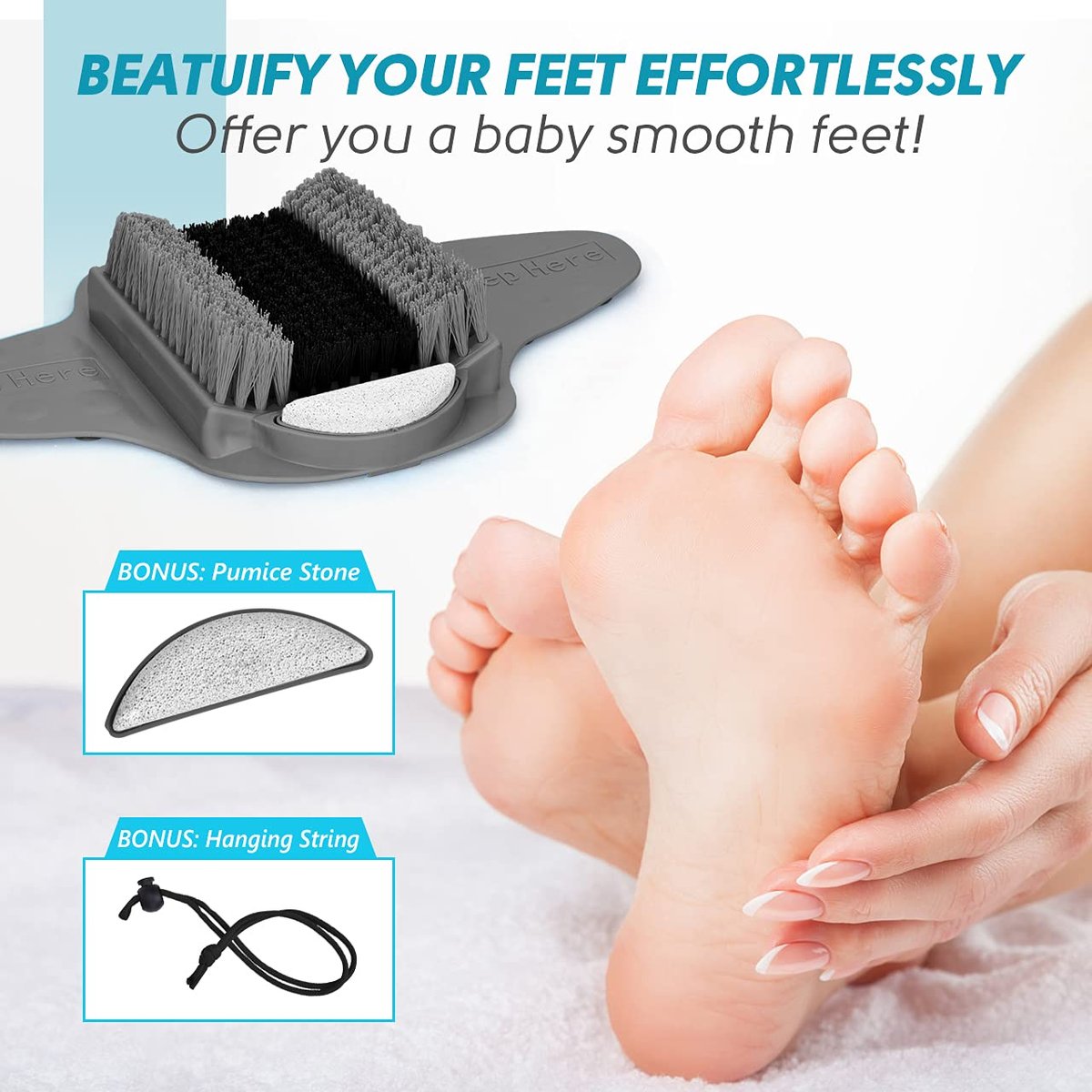 BESKAR Shower Foot Scrubber Mat with Pumice Stone - Cleans, Exfoliates & Smooths Feet Without Bending - Upgraded Non-Slip Suction Cups - Gray Avelisse