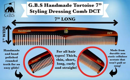 GENTS 7 Inch Tortoise Hair Combs Pack of 3 - All Purpose Dressing, Styling & Detangling Combs for Men and Women - Cellulose Acetate Brown Avelisse
