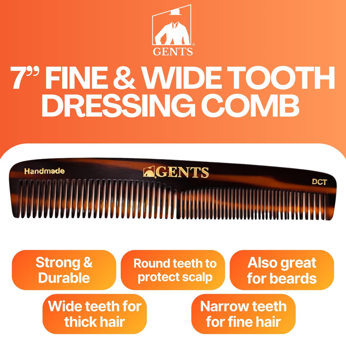 GENTS 7 Inch Tortoise Hair Combs Pack of 3 - All Purpose Dressing, Styling & Detangling Combs for Men and Women - Cellulose Acetate Brown Avelisse
