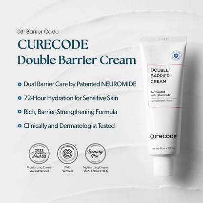 CURECODE Double Barrier Cream 80ml (2.71 Fl Oz) - Korean Skin-Biome Science with Neuromide, Soothes Sensitive & Dry Skin, Strengthen and Repair Skin Barrier, EWG Verified Avelisse