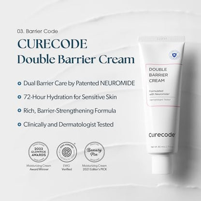 CURECODE Double Barrier Cream 80ml (2.71 Fl Oz) - Korean Skin-Biome Science with Neuromide, Soothes Sensitive & Dry Skin, Strengthen and Repair Skin Barrier, EWG Verified Avelisse