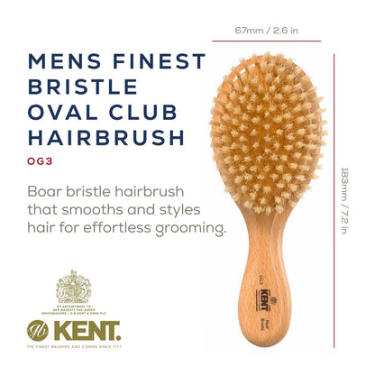 Kent OG3 Finest Men's Hair Brush and Facial Brush for Beard Care - 100% Natural White Boar Bristle Brush for Men's Grooming, Scalp, 360 Waves, and Beard Straightener