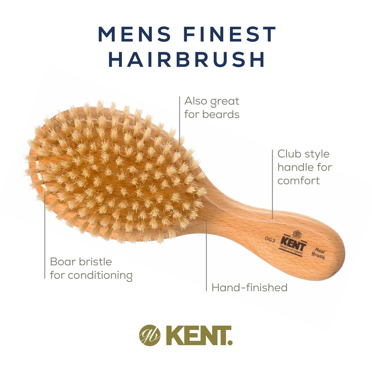 Kent OG3 Finest Men's Hair Brush and Facial Brush for Beard Care - 100% Natural White Boar Bristle Brush for Men's Grooming, Scalp, 360 Waves, and Beard Straightener - görsel 9