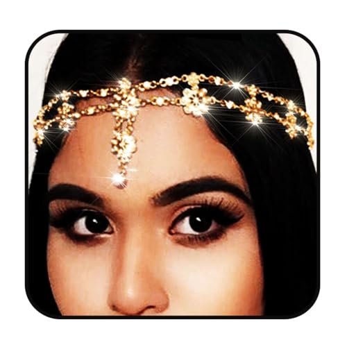 Yalice Indian Flower Head Chain Jewelry - Gold Crystal Headband, Elastic Goddess Rhinestone Hair Chain for Women Avelisse