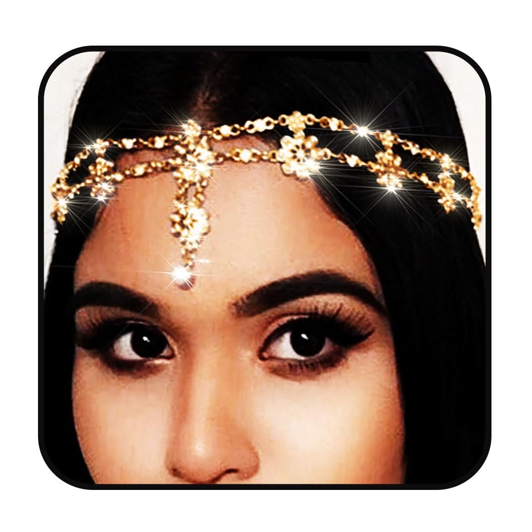 Yalice Indian Flower Head Chain Jewelry - Gold Crystal Headband, Elastic Goddess Rhinestone Hair Chain for Women Avelisse