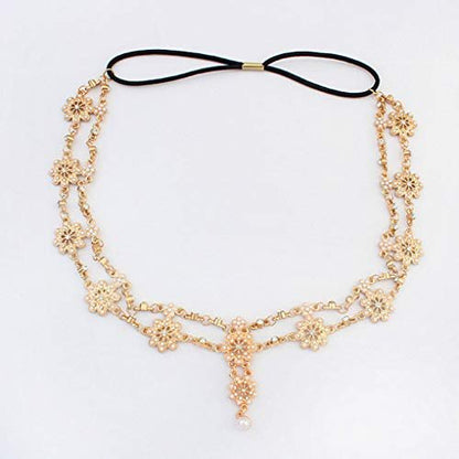 Yalice Indian Flower Head Chain Jewelry - Gold Crystal Headband, Elastic Goddess Rhinestone Hair Chain for Women Avelisse