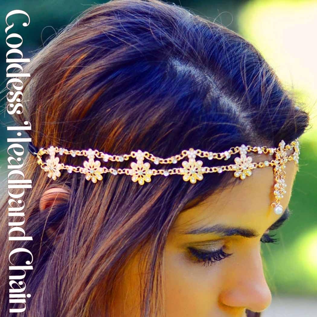Yalice Indian Flower Head Chain Jewelry - Gold Crystal Headband, Elastic Goddess Rhinestone Hair Chain for Women Avelisse