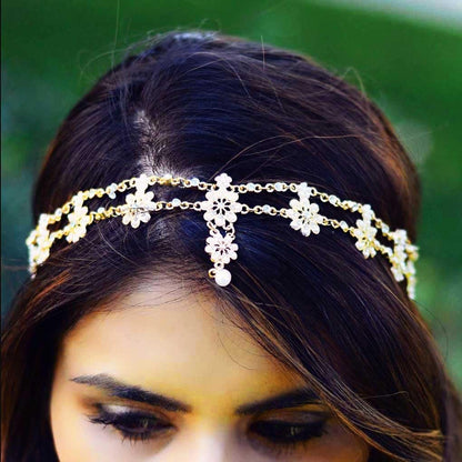 Yalice Indian Flower Head Chain Jewelry - Gold Crystal Headband, Elastic Goddess Rhinestone Hair Chain for Women Avelisse