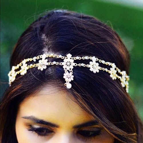 Yalice Indian Flower Head Chain Jewelry - Gold Crystal Headband, Elastic Goddess Rhinestone Hair Chain for Women Avelisse