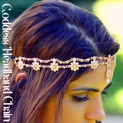 Yalice Indian Flower Head Chain Jewelry - Gold Crystal Headband, Elastic Goddess Rhinestone Hair Chain for Women Avelisse