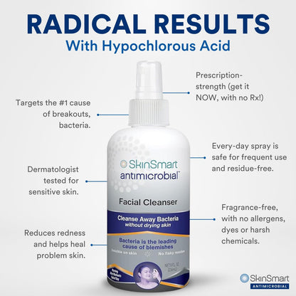 SkinSmart Antimicrobial Facial Cleanser for Breakouts & Blemishes – Hypochlorous Acid Formula, 8 oz Spray, All Skin Types Avelisse