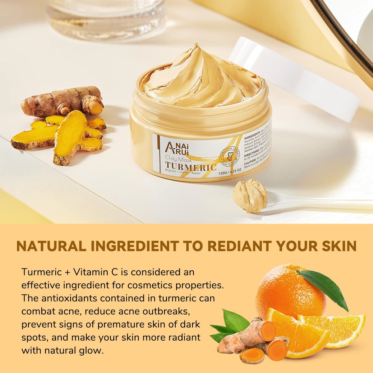 Turmeric Vitamin C Face Mask – Deep Cleansing Clay Mask for Dull Skin, Refining Pores & Controlling Oil, Smooth & Radiant Skin, 4.23 oz - görsel 9