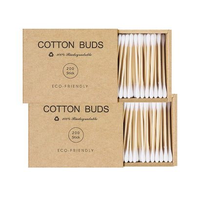 Kiemeu Bamboo Cotton Swabs with Wooden Sticks – 400 Count Eco-Friendly Cotton Buds for Ears, Face, and Cleaning