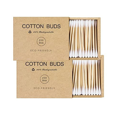 Kiemeu Bamboo Cotton Swabs with Wooden Sticks – 400 Count Eco-Friendly Cotton Buds for Ears, Face, and Cleaning