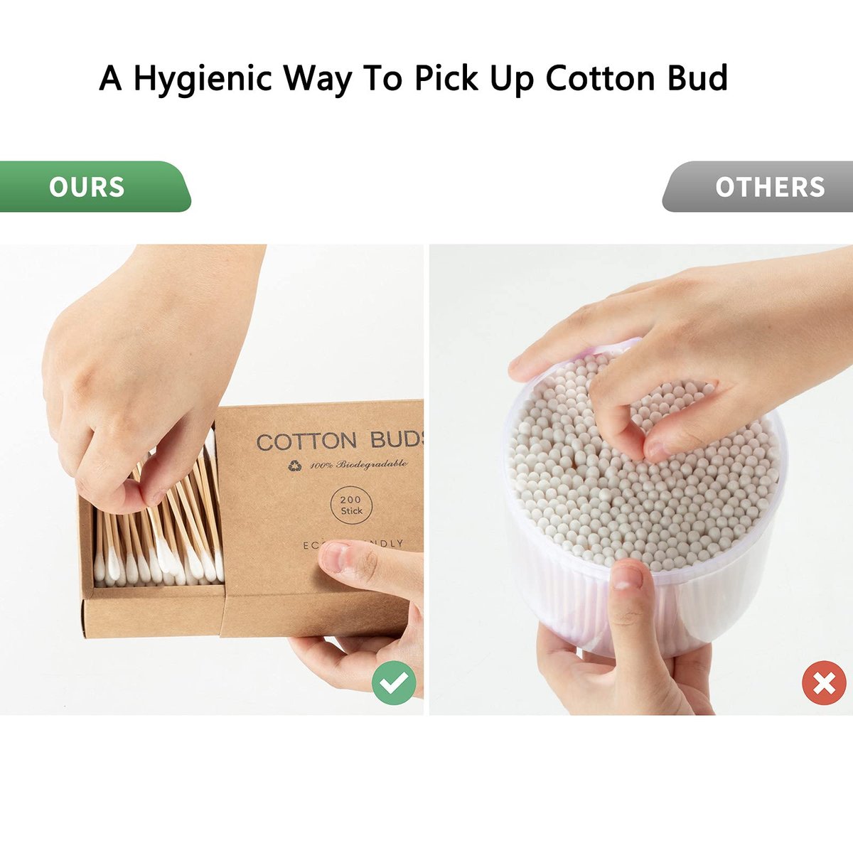 Kiemeu Bamboo Cotton Swabs with Wooden Sticks – 400 Count Eco-Friendly Cotton Buds for Ears, Face, and Cleaning - görsel 3