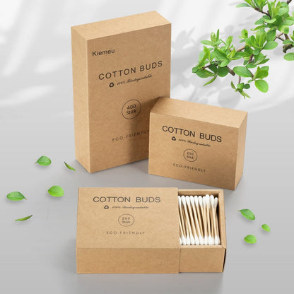 Kiemeu Bamboo Cotton Swabs with Wooden Sticks – 400 Count Eco-Friendly Cotton Buds for Ears, Face, and Cleaning