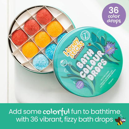 Honeysticks Bath Color Tablets for Kids - Non Toxic Bathtub Drops with Natural Ingredients & Food Grade Colors - Fragrance Free, Fizzy Brightly Colored Bathtime Fun, Great Gift - 36 Drops