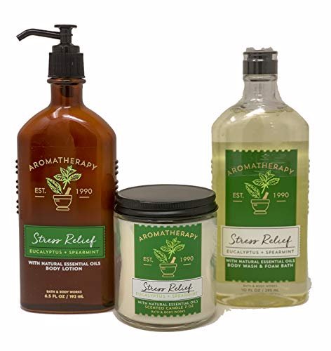 Bath & Body Works Aromatherapy Stress Relief Diffuser Set – Eucalyptus Spearmint Body Lotion, Body Wash & Foam Bath, Wick Candle – 3-Piece Wellness Bundle Avelisse