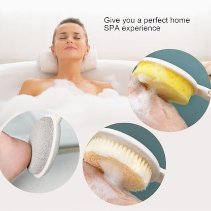 LFJ 19-Inch Long Handle Shower Sponge Brush Set – 3 in 1 Body Brush, Bath Sponge & Lotion Applicator for Improved Skin Health, Men & Women (White with Pumice)