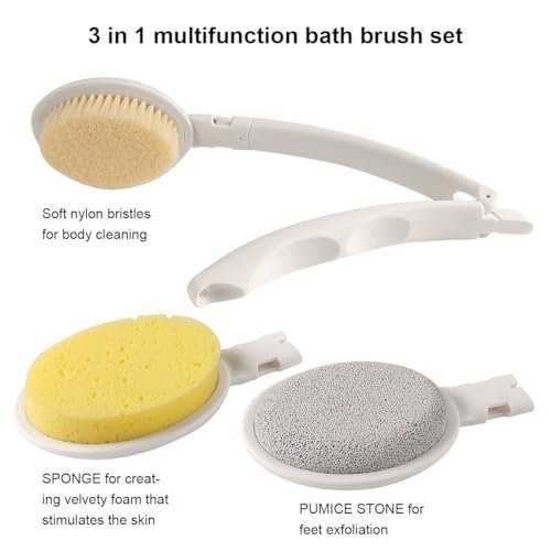 LFJ 19-Inch Long Handle Shower Sponge Brush Set – 3 in 1 Body Brush, Bath Sponge & Lotion Applicator for Improved Skin Health, Men & Women (White with Pumice) - görsel 8