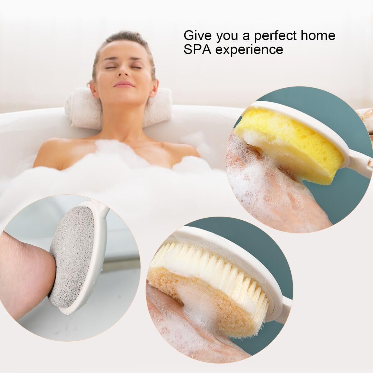 LFJ 19-Inch Long Handle Shower Sponge Brush Set – 3 in 1 Body Brush, Bath Sponge & Lotion Applicator for Improved Skin Health, Men & Women (White with Pumice) - görsel 11