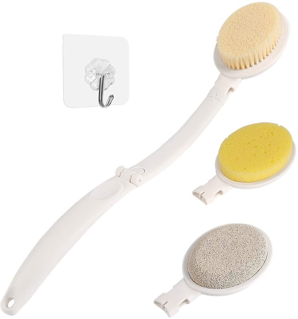 LFJ 19-Inch Long Handle Shower Sponge Brush Set – 3 in 1 Body Brush, Bath Sponge & Lotion Applicator for Improved Skin Health, Men & Women (White with Pumice) - görsel 1