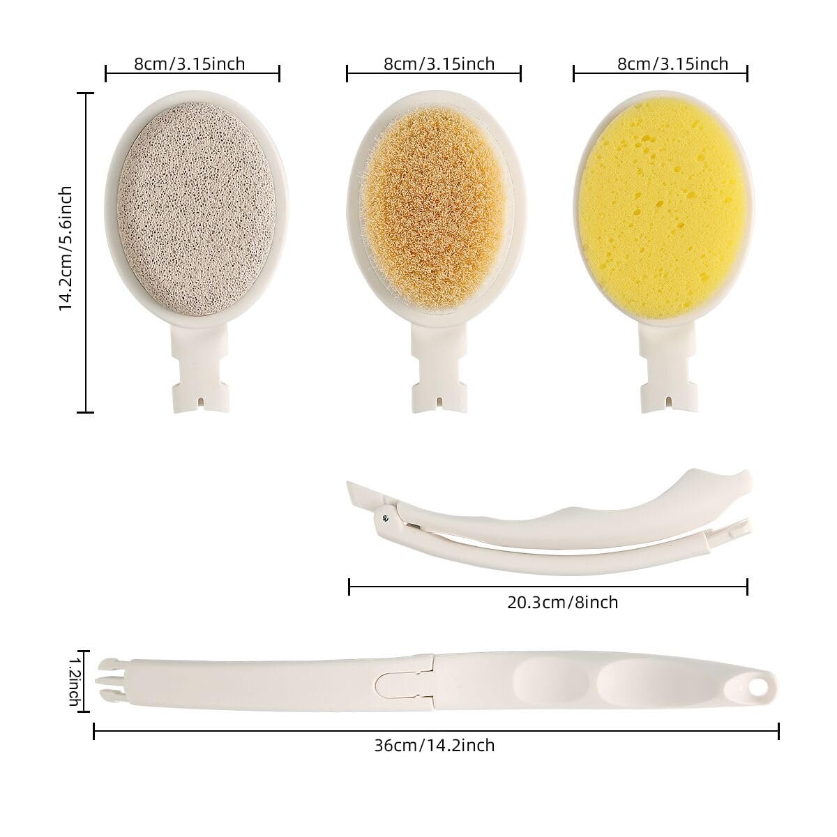 LFJ 19-Inch Long Handle Shower Sponge Brush Set – 3 in 1 Body Brush, Bath Sponge & Lotion Applicator for Improved Skin Health, Men & Women (White with Pumice) - görsel 3