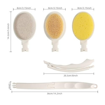 LFJ 19-Inch Long Handle Shower Sponge Brush Set – 3 in 1 Body Brush, Bath Sponge & Lotion Applicator for Improved Skin Health, Men & Women (White with Pumice)