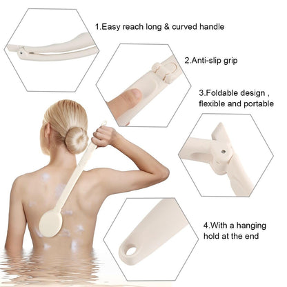 LFJ 19-Inch Long Handle Shower Sponge Brush Set – 3 in 1 Body Brush, Bath Sponge & Lotion Applicator for Improved Skin Health, Men & Women (White with Pumice)