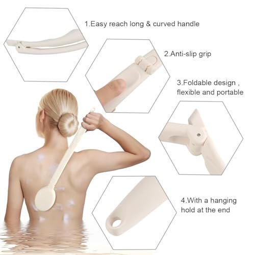 LFJ 19-Inch Long Handle Shower Sponge Brush Set – 3 in 1 Body Brush, Bath Sponge & Lotion Applicator for Improved Skin Health, Men & Women (White with Pumice) - görsel 6