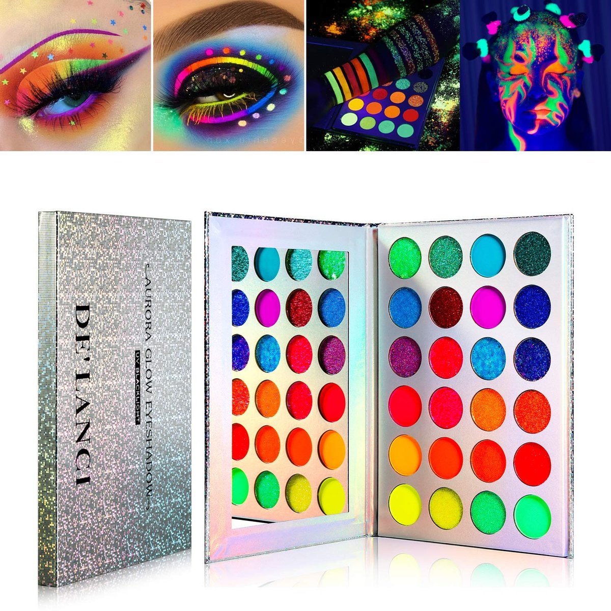 DE'LANCI Neon Eyeshadow Palette Glow in the Dark - 9.6 oz Aurora Glow UV Blacklight Matte & Glitter Fluorescent Eye Shadows - Highly Pigmented Halloween Christmas Makeup Kit Avelisse