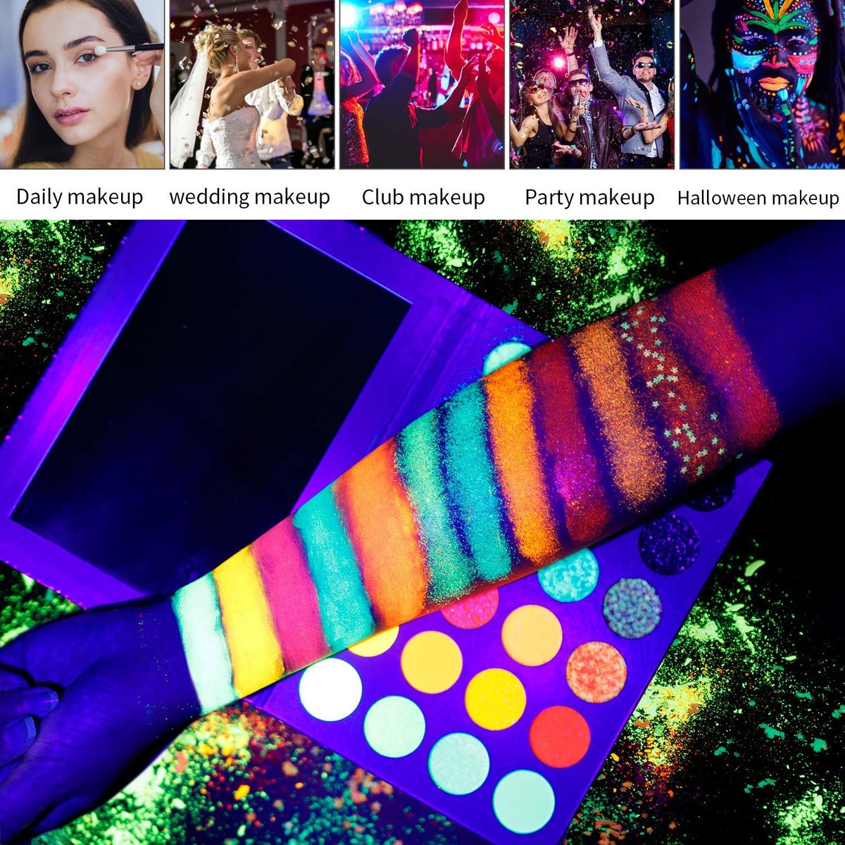 DE'LANCI Neon Eyeshadow Palette Glow in the Dark - 9.6 oz Aurora Glow UV Blacklight Matte & Glitter Fluorescent Eye Shadows - Highly Pigmented Halloween Christmas Makeup Kit Avelisse