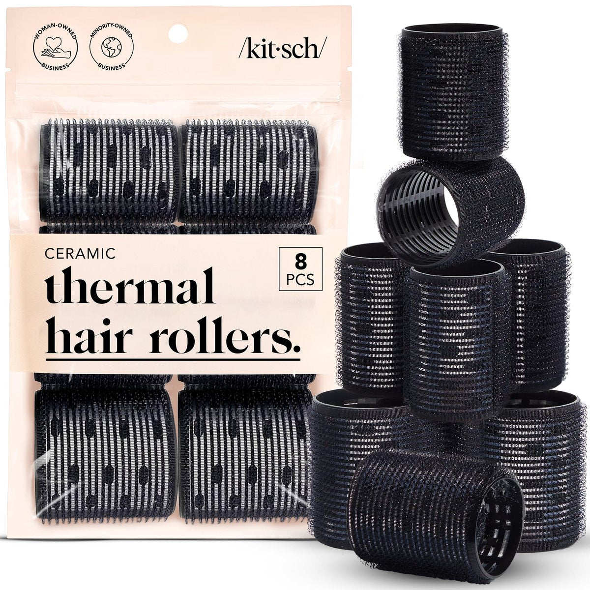 Kitsch Ceramic Hair Rollers for Women – Self-Grip Hair Curlers for Heatless Curl Overnight, Long-Lasting Frizz-Free Curls, Volumizing Large Rollers for All Hair Types – Black, 8 Count Avelisse