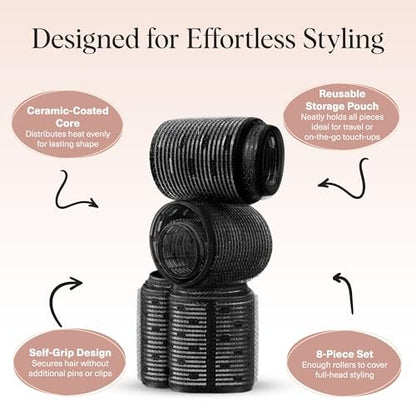 Kitsch Ceramic Hair Rollers for Women – Self-Grip Hair Curlers for Heatless Curl Overnight, Long-Lasting Frizz-Free Curls, Volumizing Large Rollers for All Hair Types – Black, 8 Count Avelisse