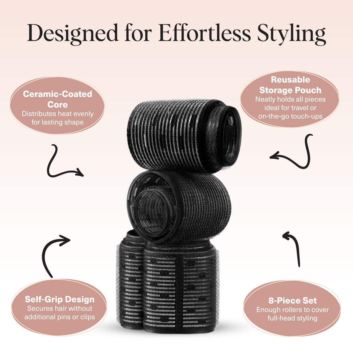 Kitsch Ceramic Hair Rollers for Women – Self-Grip Hair Curlers for Heatless Curl Overnight, Long-Lasting Frizz-Free Curls, Volumizing Large Rollers for All Hair Types – Black, 8 Count Avelisse