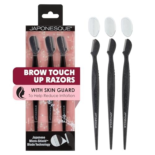 Japonesque Eyebrow Razor - Ultra-Sharp Stainless Steel Facial Hair Remover for Women, Dermaplane Tool with Travel Cap, 3 Count