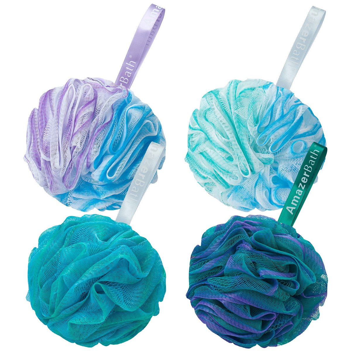AmazerBath Loofah Sponge Set of 4 – Large Exfoliating Bath Sponges (Green-Purple) - görsel 2