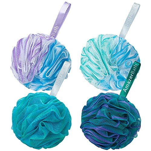 AmazerBath Loofah Sponge Set of 4 – Large Exfoliating Bath Sponges (Green-Purple) - görsel 1