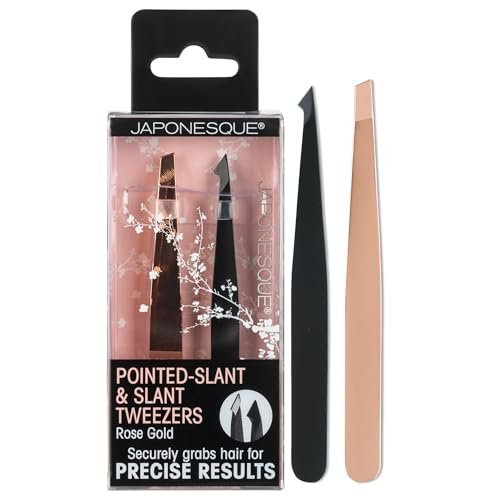 JAPONESQUE Pointed-Slant & Slant Tweezers, 2 Pack for Eyebrow Grooming, Facial Hair Removal, Rose Gold and Black, Stainless Steel - görsel 2
