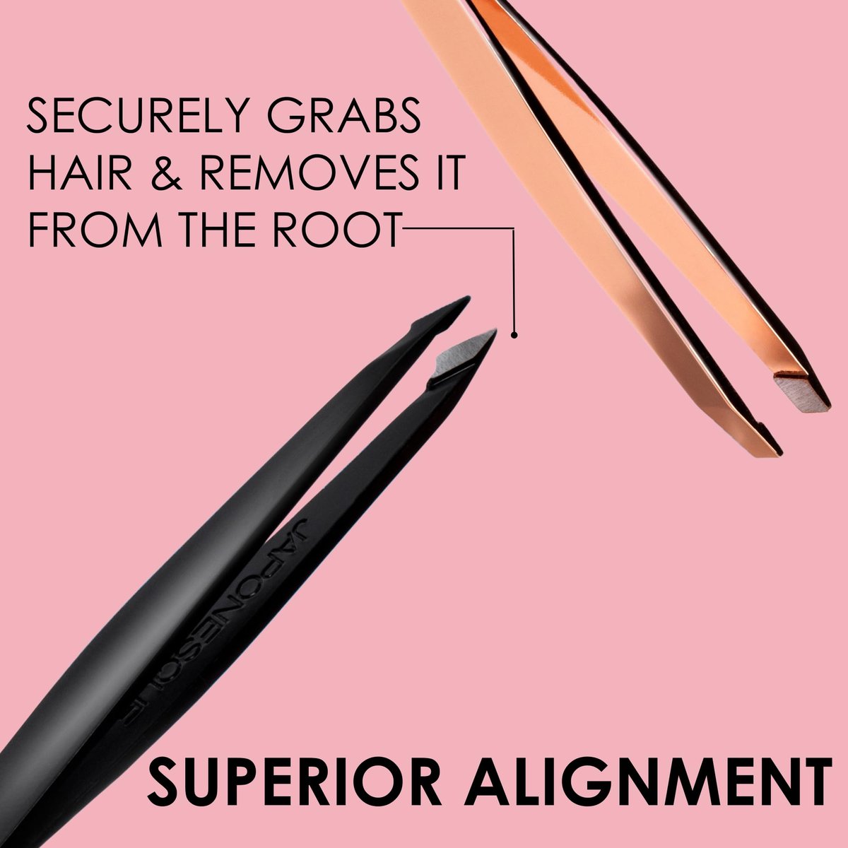 JAPONESQUE Pointed-Slant & Slant Tweezers, 2 Pack for Eyebrow Grooming, Facial Hair Removal, Rose Gold and Black, Stainless Steel - görsel 9