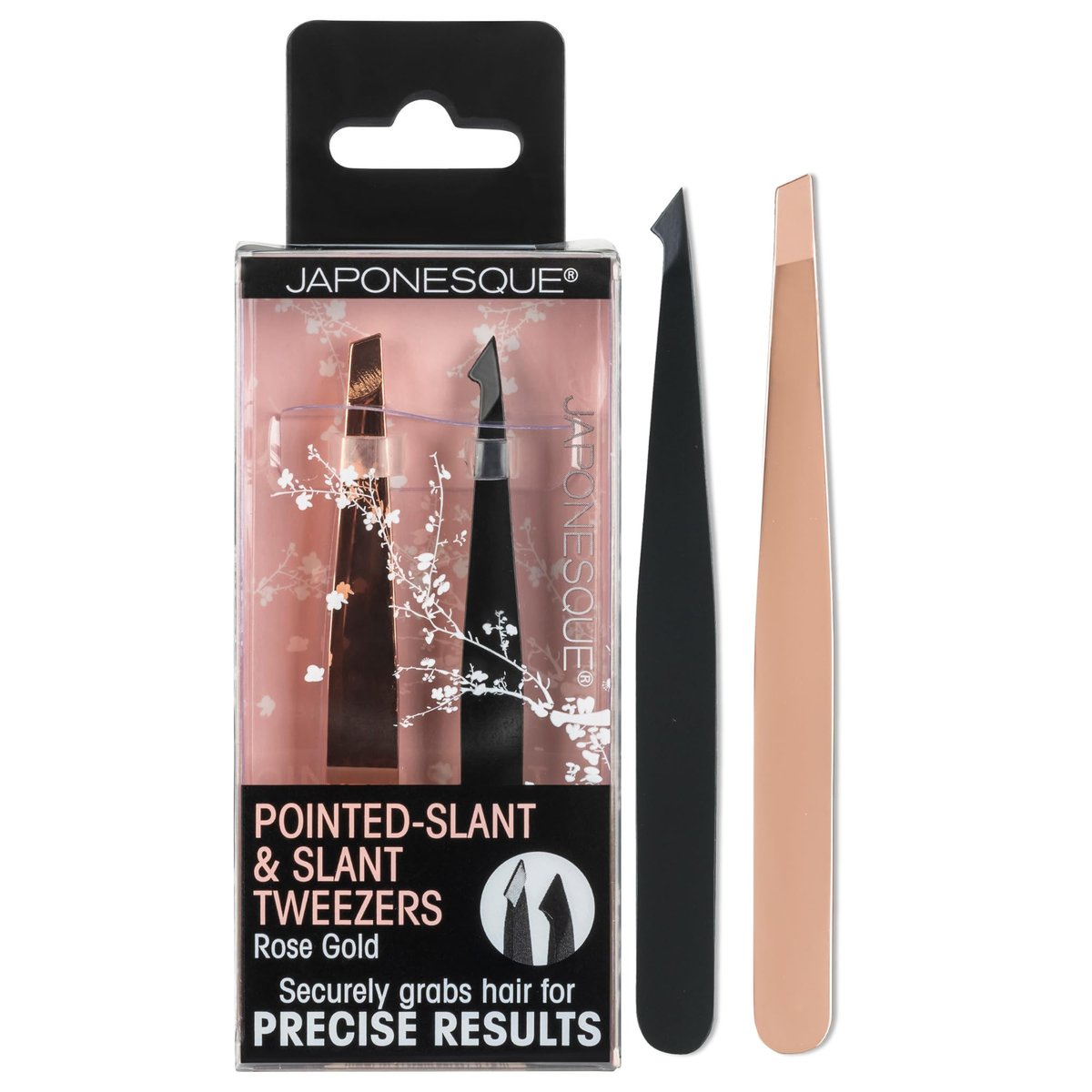 JAPONESQUE Pointed-Slant & Slant Tweezers, 2 Pack for Eyebrow Grooming, Facial Hair Removal, Rose Gold and Black, Stainless Steel - görsel 1