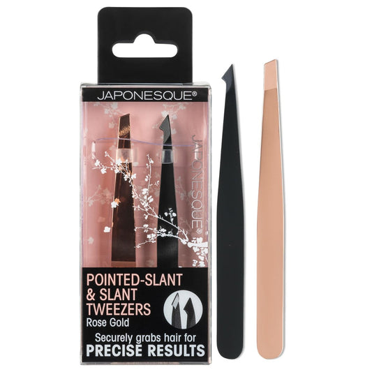 JAPONESQUE Pointed-Slant & Slant Tweezers, 2 Pack for Eyebrow Grooming, Facial Hair Removal, Rose Gold and Black, Stainless Steel