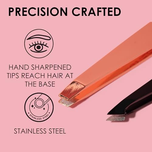 JAPONESQUE Pointed-Slant & Slant Tweezers, 2 Pack for Eyebrow Grooming, Facial Hair Removal, Rose Gold and Black, Stainless Steel - görsel 8