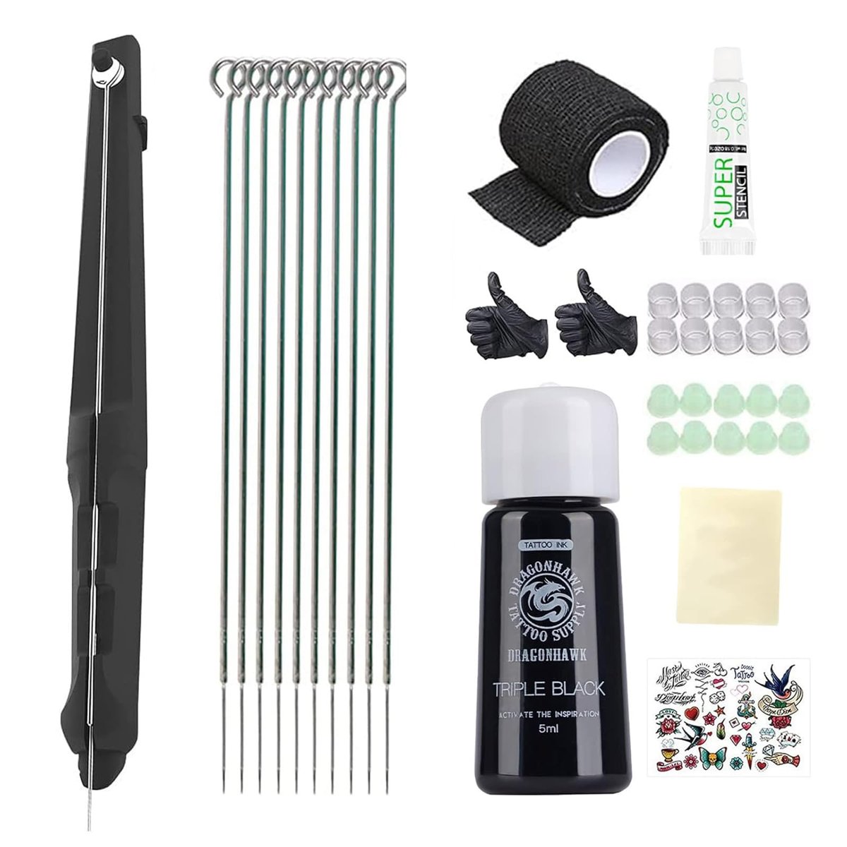 Dragonhawk Poke Stick Tattoo Kit - Complete DIY Hand Tattoo Supply Set for Beginners (Stick and Poke, Black) Avelisse
