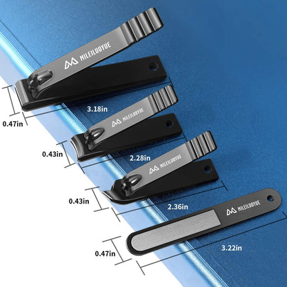 MILEILUOYUE Nail Clippers Set Black Stainless Steel – 4-Piece Nail Cutter & Sharp Oblique Toe Nail Clipper & Nail File for Men and Women, Gift-Ready