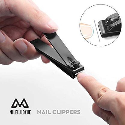 MILEILUOYUE Nail Clippers Set Black Stainless Steel – 4-Piece Nail Cutter & Sharp Oblique Toe Nail Clipper & Nail File for Men and Women, Gift-Ready