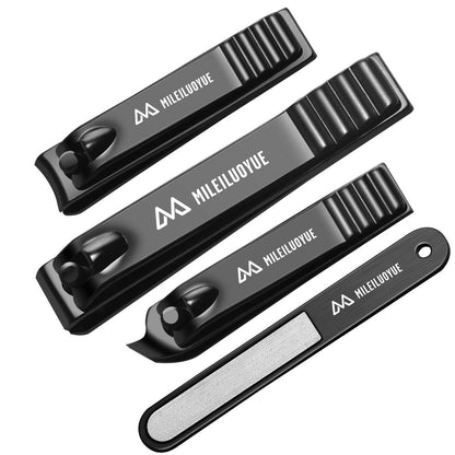 MILEILUOYUE Nail Clippers Set Black Stainless Steel – 4-Piece Nail Cutter & Sharp Oblique Toe Nail Clipper & Nail File for Men and Women, Gift-Ready
