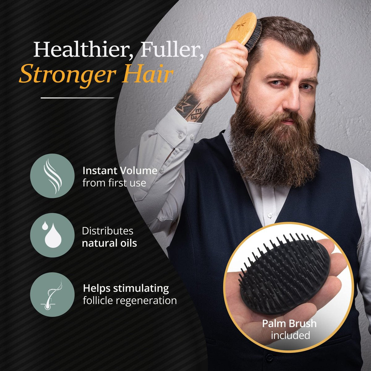 Belula Boar Bristle Hair Brush Set for Men - Soft Mens Hair Brush for Thin, Normal & Short Hair - Includes Wooden Comb, 2 Palm Brushes & Travel Bag Avelisse