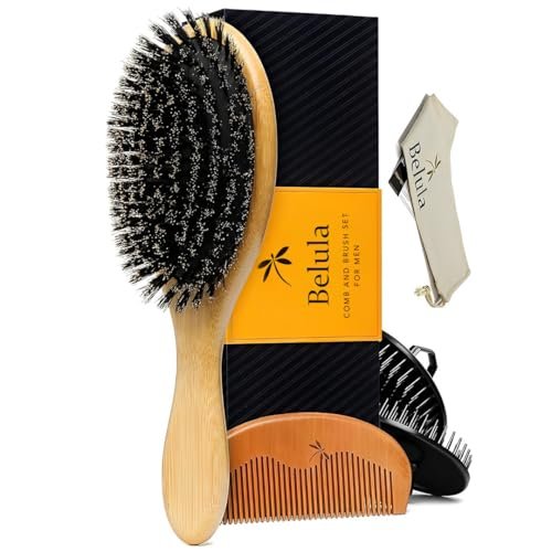 Belula Boar Bristle Hair Brush Set for Men - Soft Mens Hair Brush for Thin, Normal & Short Hair - Includes Wooden Comb, 2 Palm Brushes & Travel Bag Avelisse